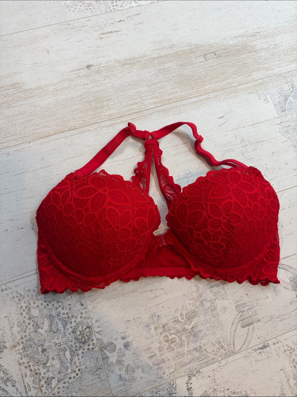 Pink Victorias Secret Red Lace Date Racerback Push Up Bra 36D